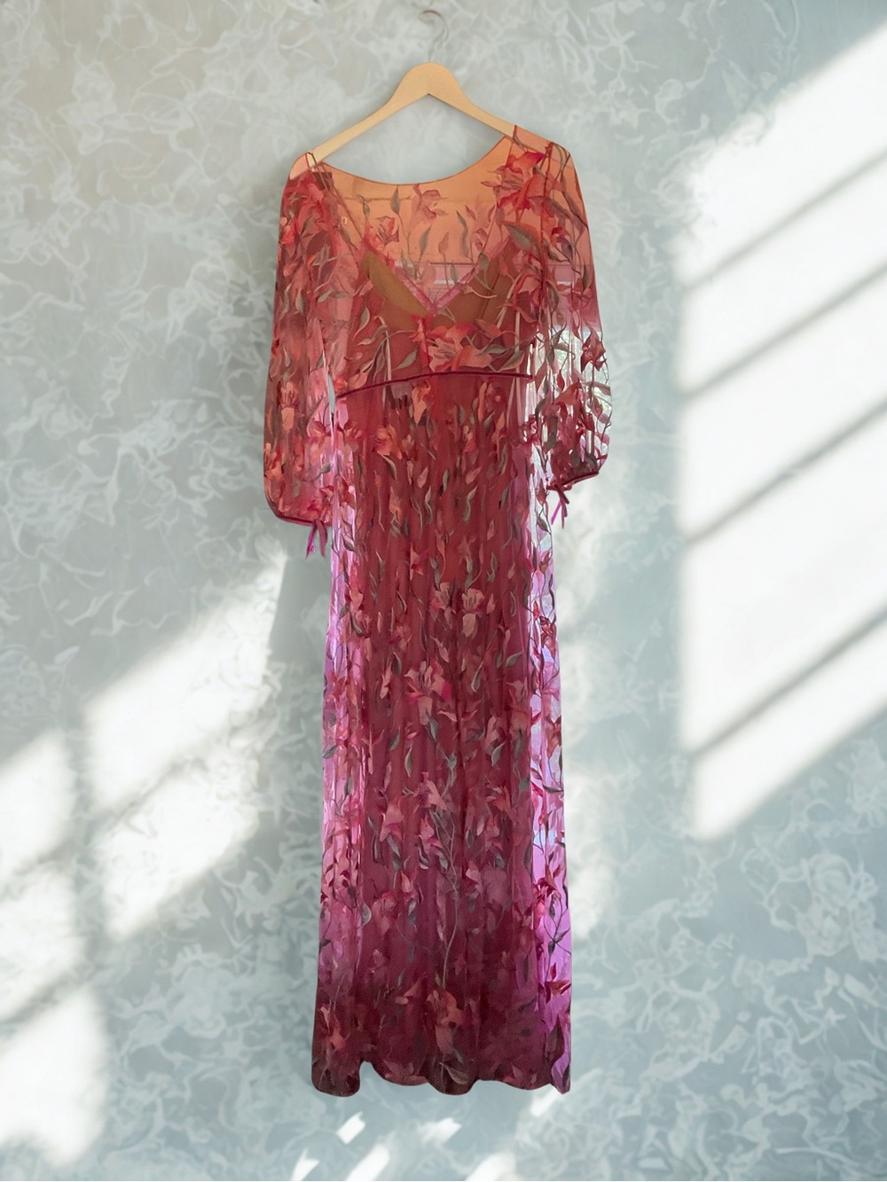 Sheer Floral Embroidered Maxi Dress in Rose Pink
